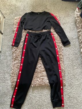 Women's Black Joggers with Red Snap-Trim Side Stripes
